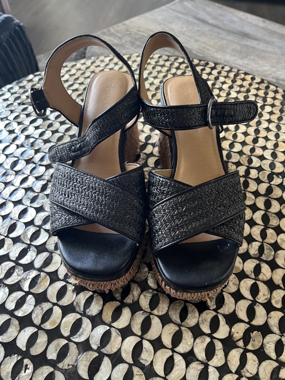 Crown Vintage Black Woven Crisscross Wedge Sandals